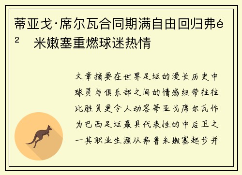 蒂亚戈·席尔瓦合同期满自由回归弗鲁米嫩塞重燃球迷热情